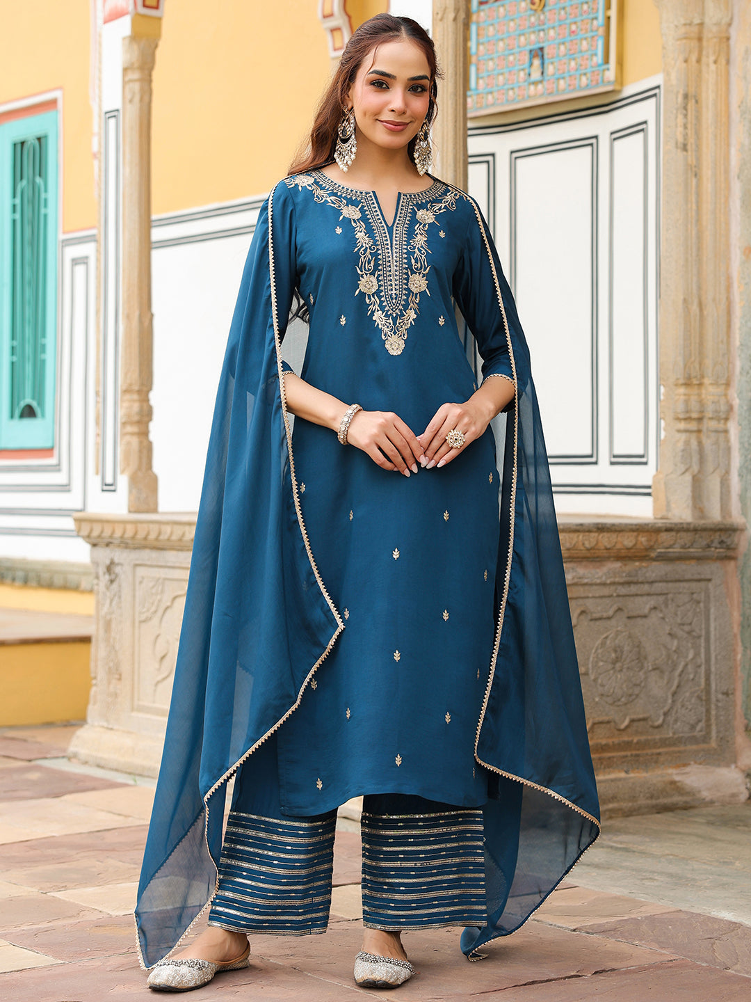 Janasya Women's Teal Blue Chanderi Silk Zari Embroidered Straight Kurta With Palazzo & Dupatta Set - qivii