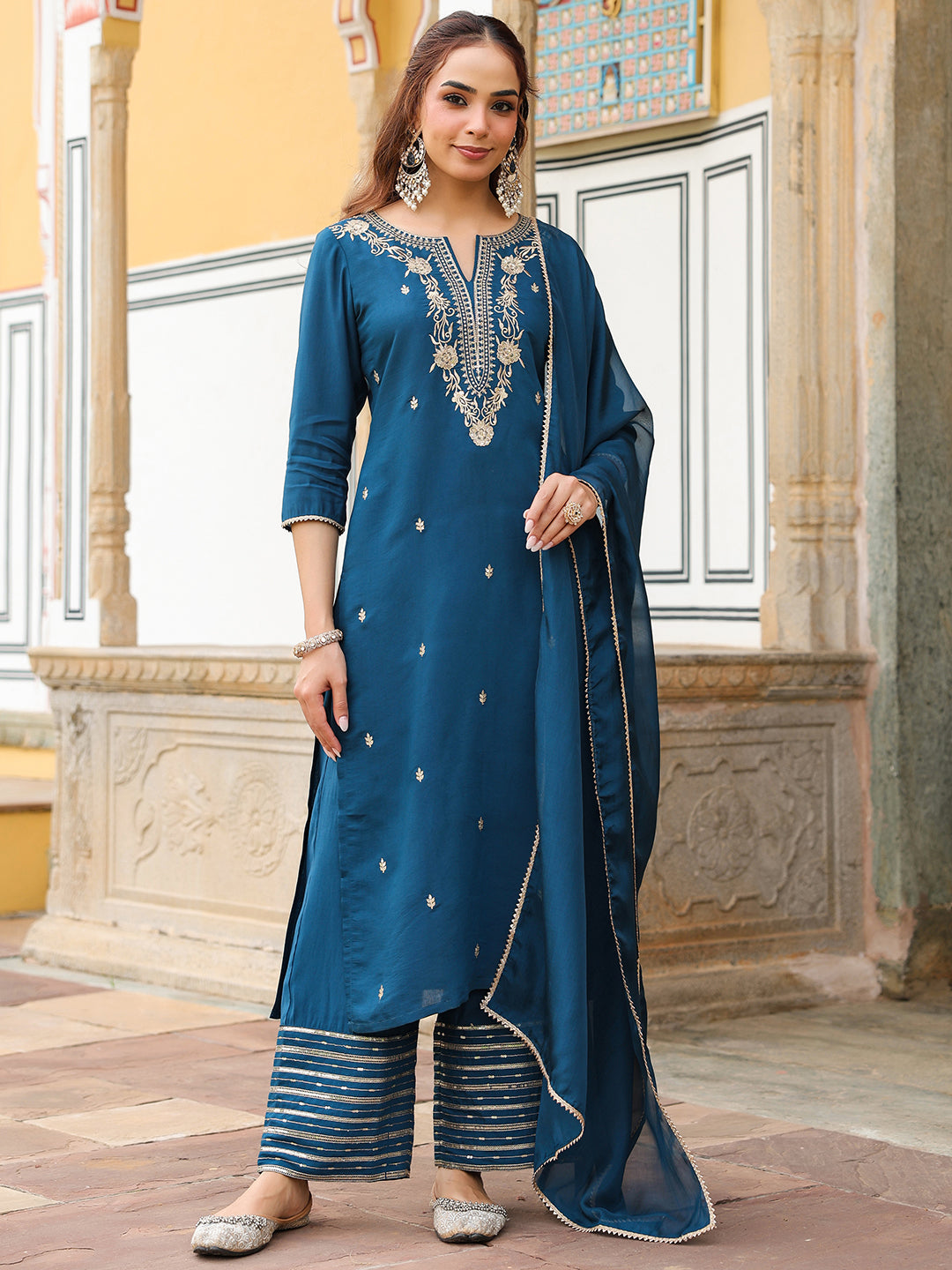 Janasya Women's Teal Blue Chanderi Silk Zari Embroidered Straight Kurta With Palazzo & Dupatta Set - qivii