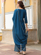 Janasya Women's Teal Blue Chanderi Silk Zari Embroidered Straight Kurta With Palazzo & Dupatta Set