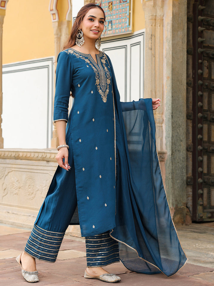 Janasya Women's Teal Blue Chanderi Silk Zari Embroidered Straight Kurta With Palazzo & Dupatta Set - qivii