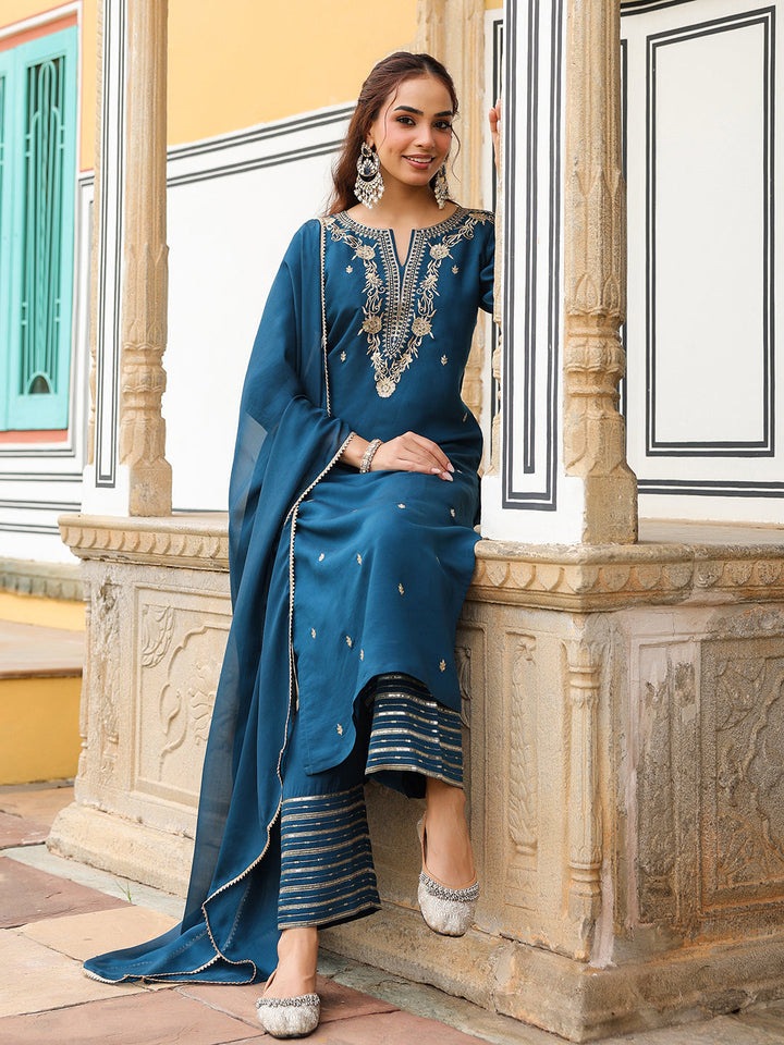 Janasya Women's Teal Blue Chanderi Silk Zari Embroidered Straight Kurta With Palazzo & Dupatta Set - qivii