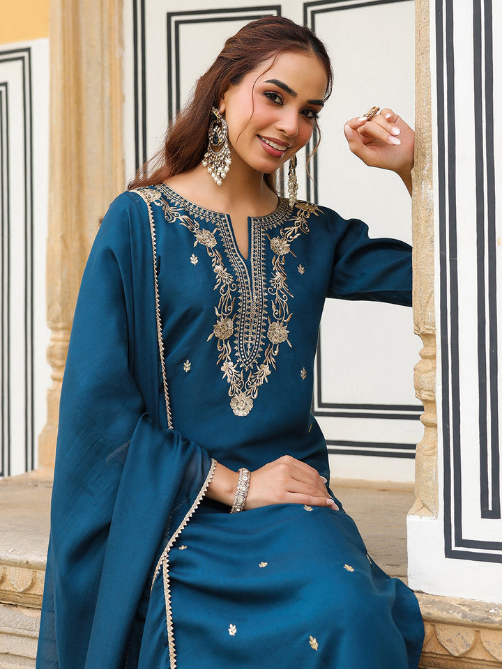 Janasya Women's Teal Blue Chanderi Silk Zari Embroidered Straight Kurta With Palazzo & Dupatta Set - qivii