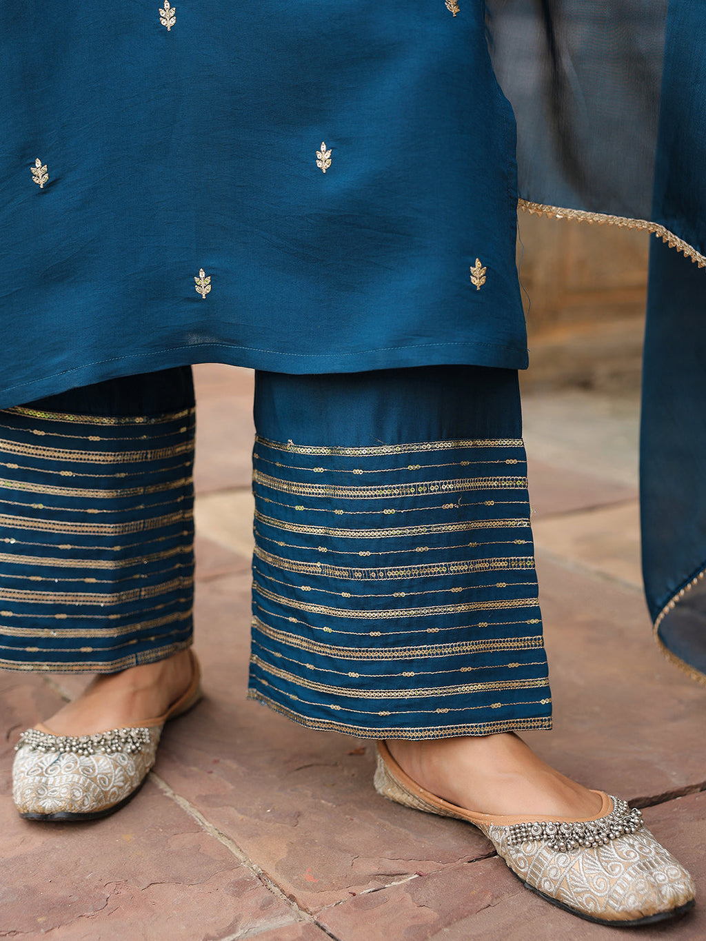 Janasya Women's Teal Blue Chanderi Silk Zari Embroidered Straight Kurta With Palazzo & Dupatta Set