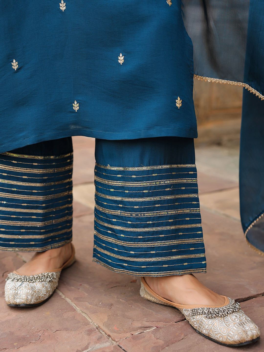 Janasya Women's Teal Blue Chanderi Silk Zari Embroidered Straight Kurta With Palazzo & Dupatta Set - qivii