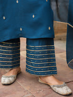 Janasya Women's Teal Blue Chanderi Silk Zari Embroidered Straight Kurta With Palazzo & Dupatta Set