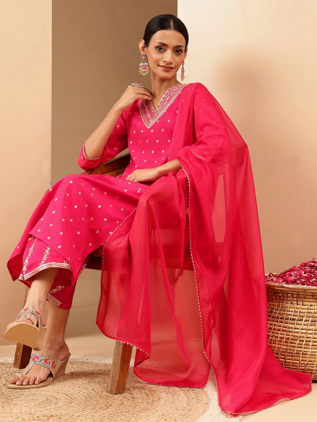 Janasya Women's Pink Chanderi Silk Gold Zari Embroidered Straight Kurta With Palazzo & Dupatta Set