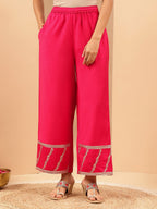 Janasya Women's Pink Chanderi Silk Gold Zari Embroidered Straight Kurta With Palazzo & Dupatta Set