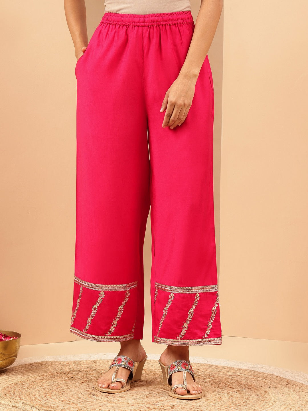 Janasya Women's Pink Chanderi Silk Gold Zari Embroidered Straight Kurta With Palazzo & Dupatta Set