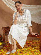 Janasya Women's Off White Chanderi Silk Zari Embroidered A-line Kurta Set With Dupatta