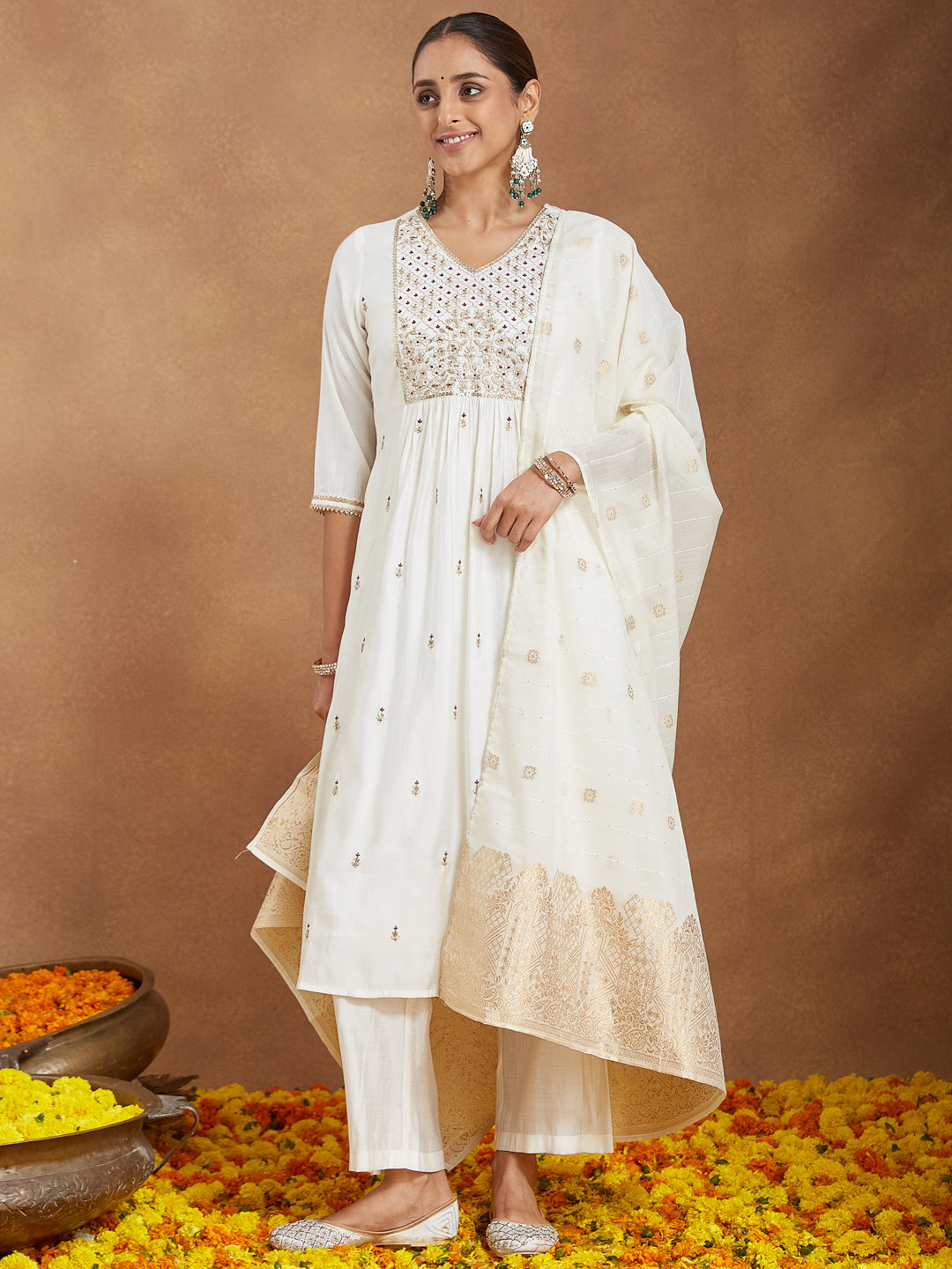 Janasya Women's Off White Chanderi Silk Zari Embroidered A-line Kurta Set With Dupatta