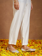 Janasya Women's Off White Chanderi Silk Zari Embroidered A-line Kurta Set With Dupatta