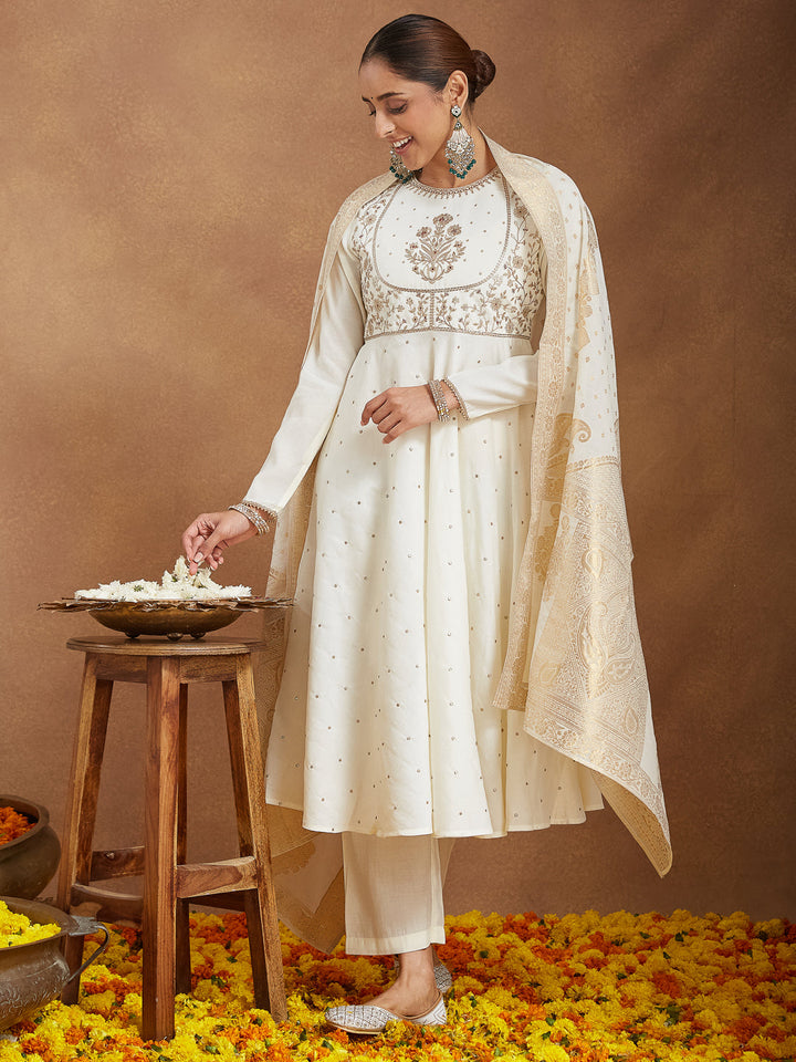 Janasya Women's Off White Chanderi Silk Embroidered A-line Kurta Set - qivii