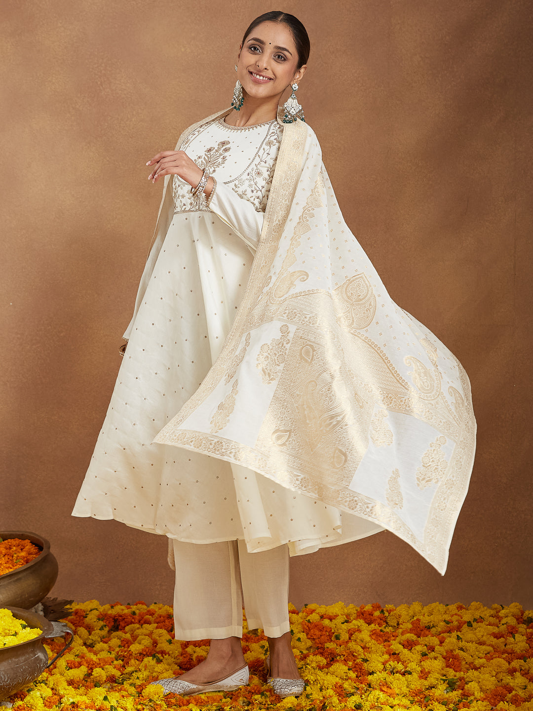 Janasya Women's Off White Chanderi Silk Embroidered A-line Kurta Set - qivii