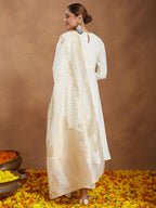 Janasya Women's Off White Chanderi Silk Embroidered A-line Kurta Set