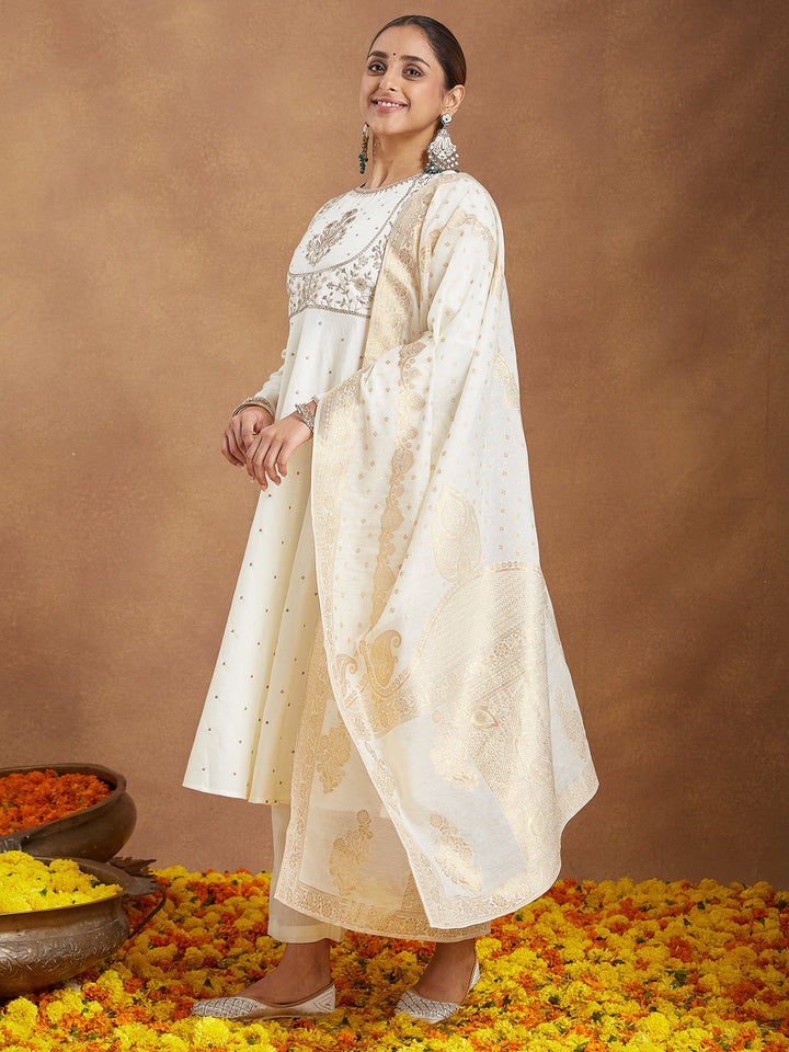 Janasya Women's Off White Chanderi Silk Embroidered A-line Kurta Set - qivii