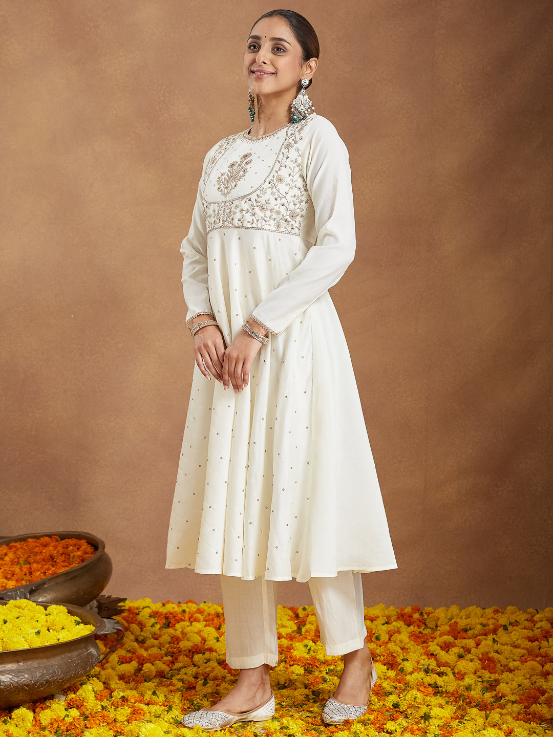 Janasya Women's Off White Chanderi Silk Embroidered A-line Kurta Set - qivii