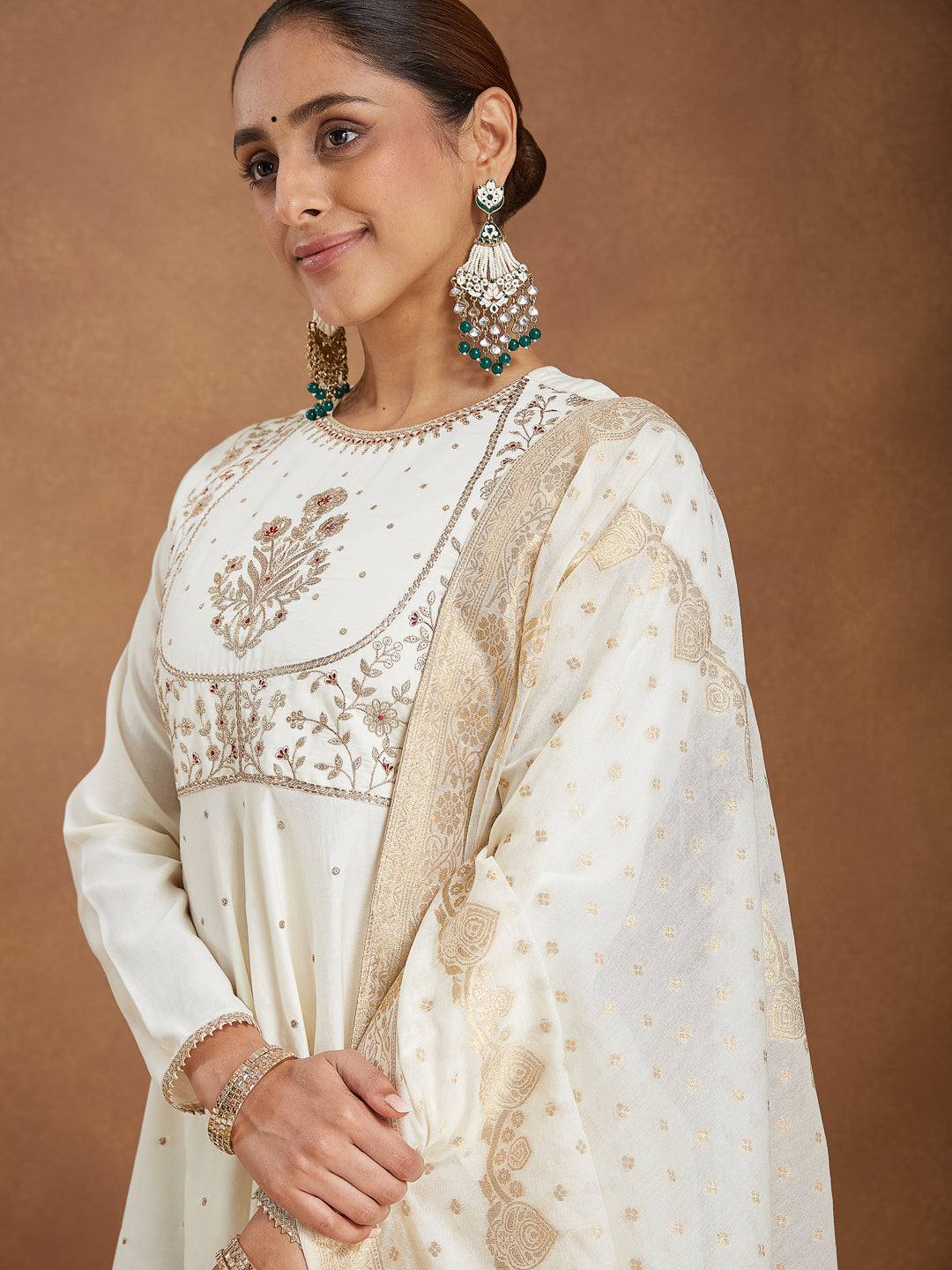 Janasya Women's Off White Chanderi Silk Embroidered A-line Kurta Set - qivii