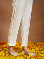 Janasya Women's Off White Chanderi Silk Embroidered A-line Kurta Set