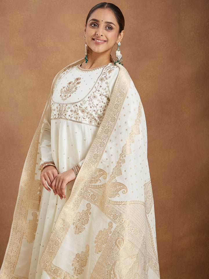 Janasya Women's Off White Chanderi Silk Embroidered A-line Kurta Set - qivii