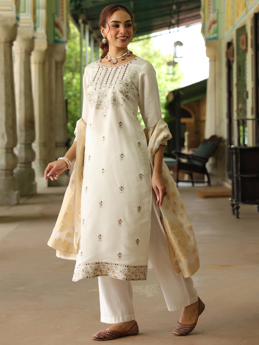 Janasya Women's Off White Chanderi Silk Embroidered Straight Kurta Set