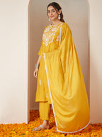 Janasya Women's Mustard Silk Blend Embroidered Straight Kurta Set