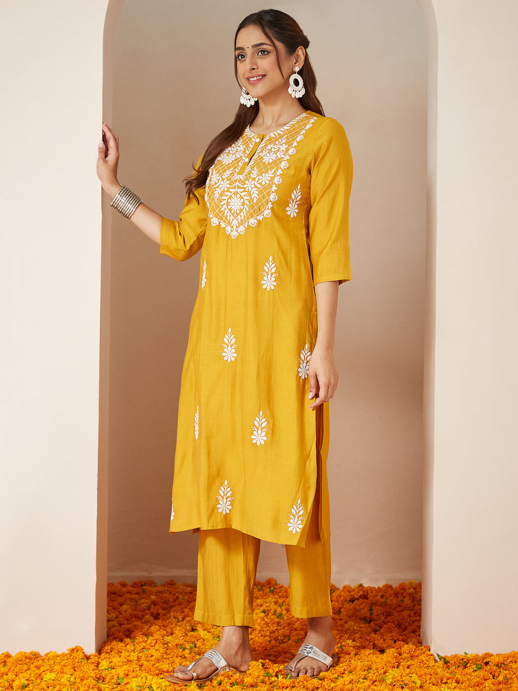 Janasya Women's Mustard Silk Blend Embroidered Straight Kurta Set