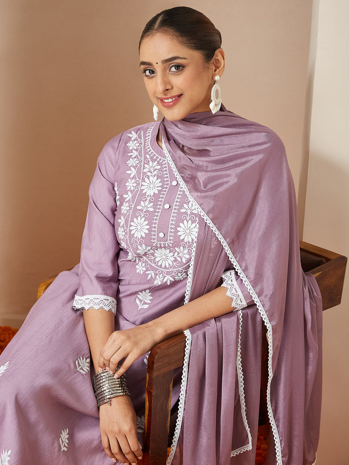 Janasya Women's Lavender Silk Blend Embroidered Straight Kurta Set - qivii