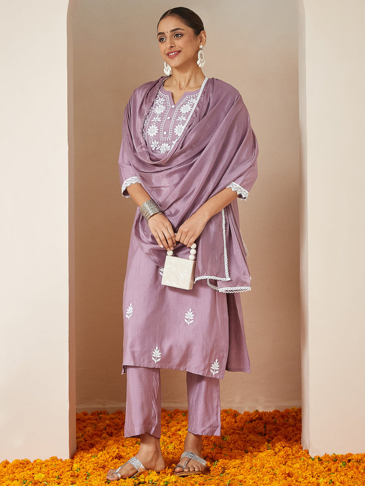 Janasya Women's Lavender Silk Blend Embroidered Straight Kurta Set - qivii
