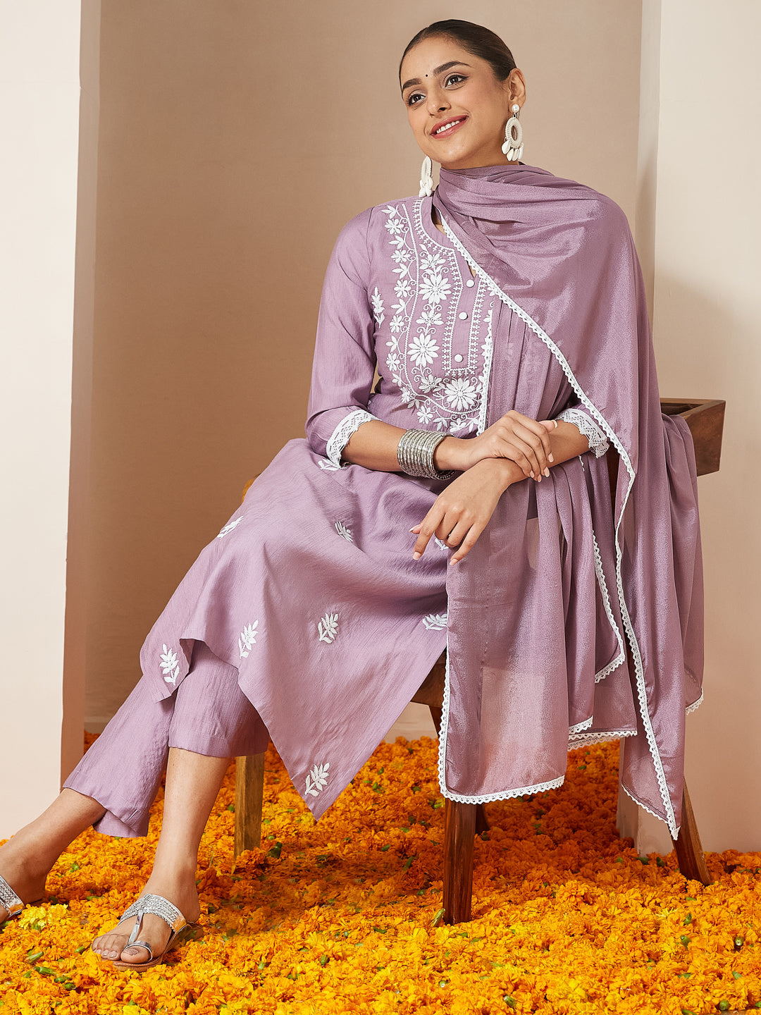 Janasya Women's Lavender Silk Blend Embroidered Straight Kurta Set - qivii