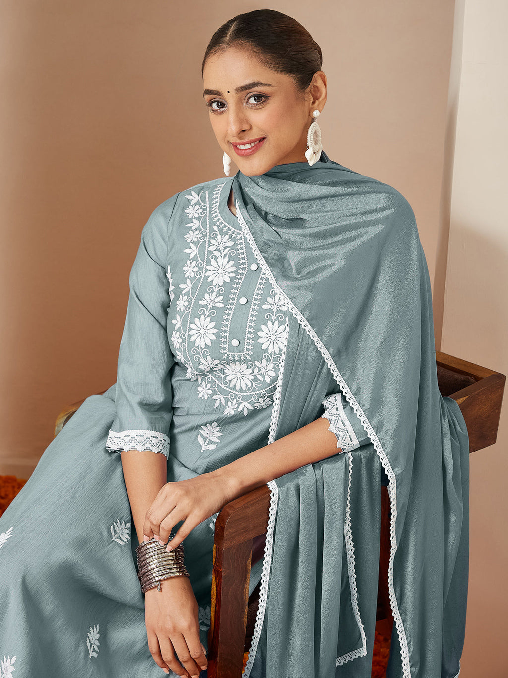 Janasya Women's Powder Blue Silk Blend Embroidered Straight Kurta Set
