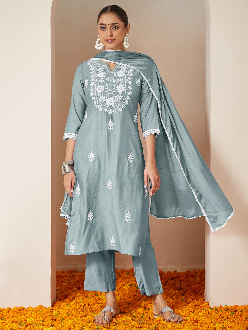 Janasya Women's Powder Blue Silk Blend Embroidered Straight Kurta Set