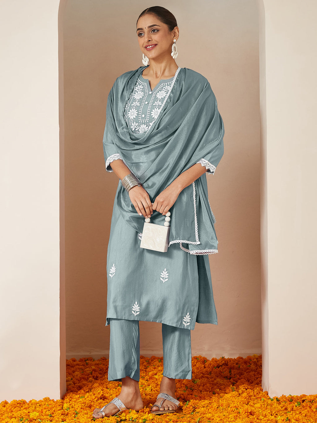 Janasya Women's Powder Blue Silk Blend Embroidered Straight Kurta Set