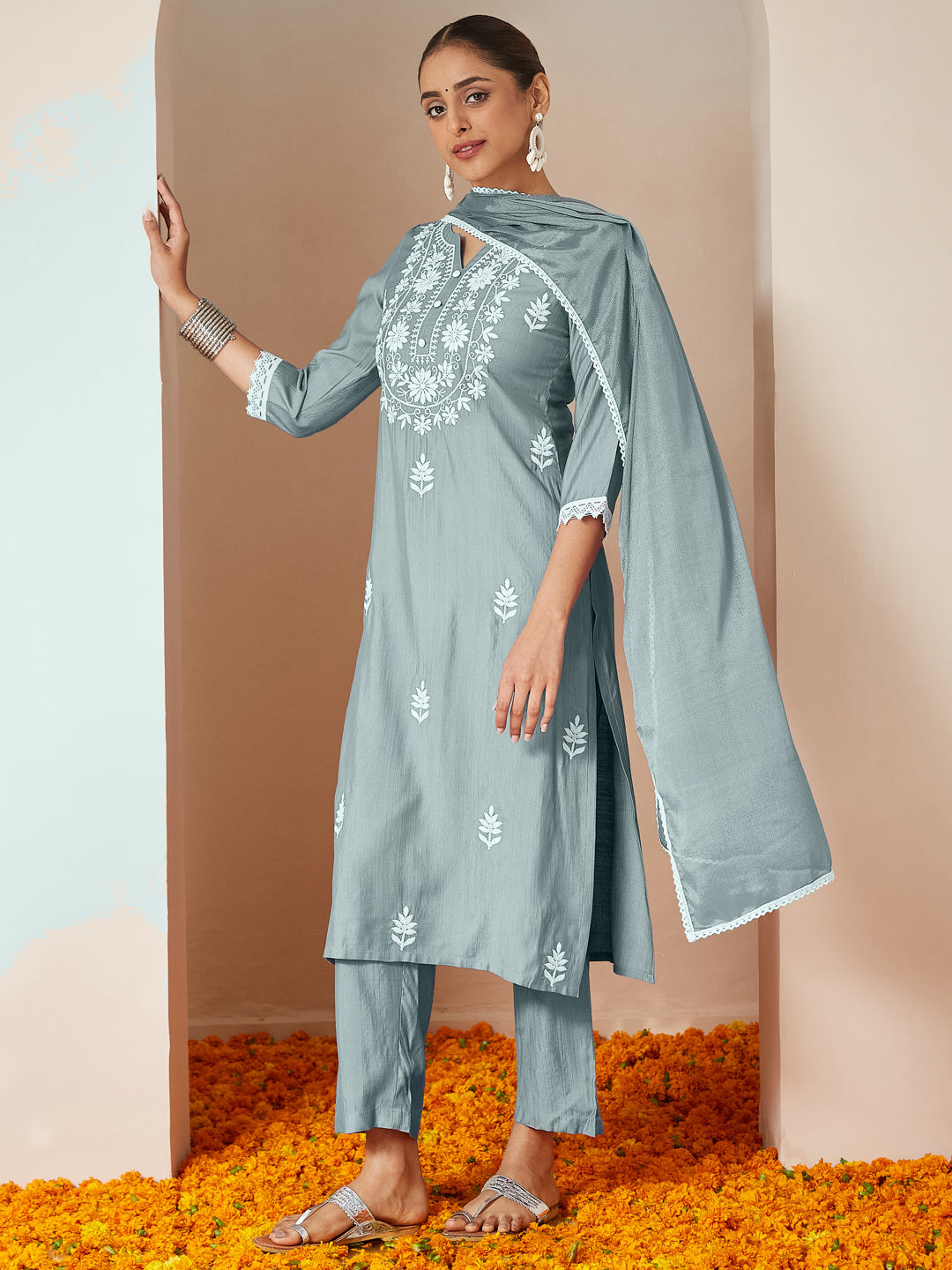 Janasya Women's Powder Blue Silk Blend Embroidered Straight Kurta Set