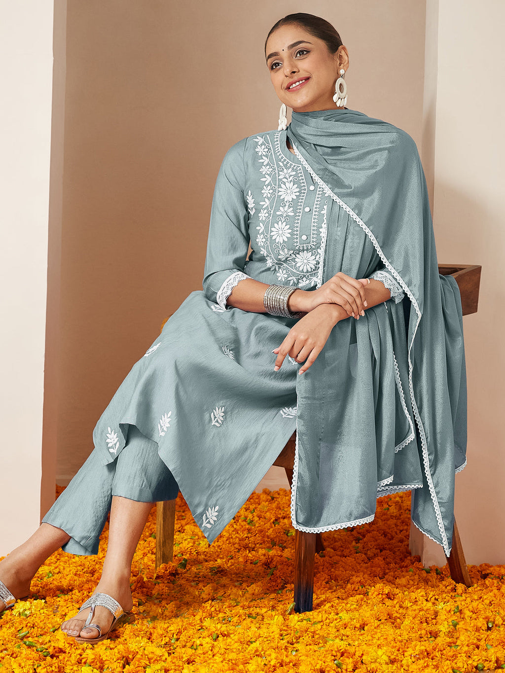 Janasya Women's Powder Blue Silk Blend Embroidered Straight Kurta Set
