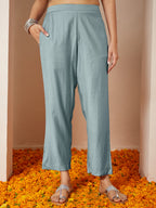 Janasya Women's Powder Blue Silk Blend Embroidered Straight Kurta Set