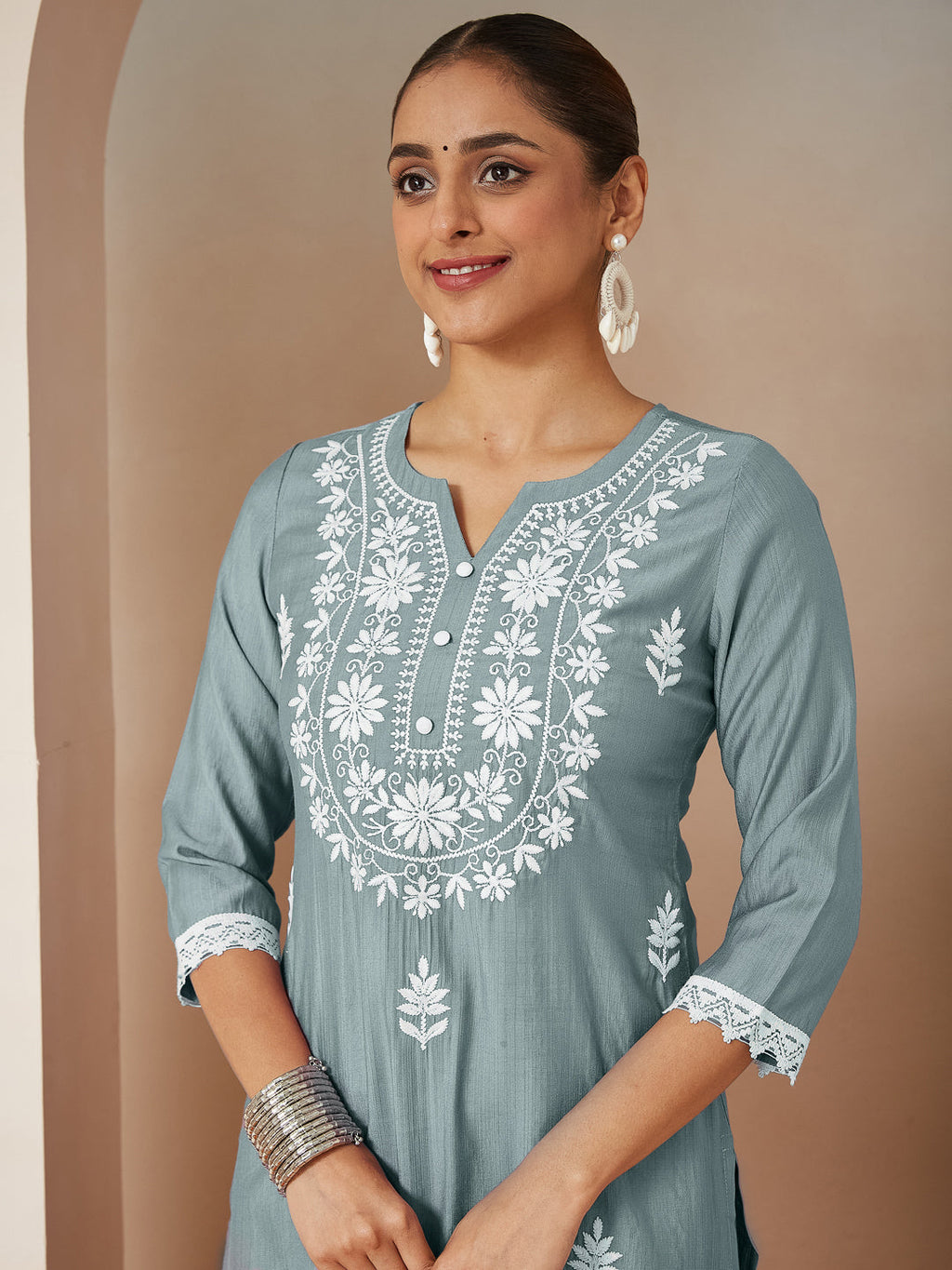 Janasya Women's Powder Blue Silk Blend Embroidered Straight Kurta Set