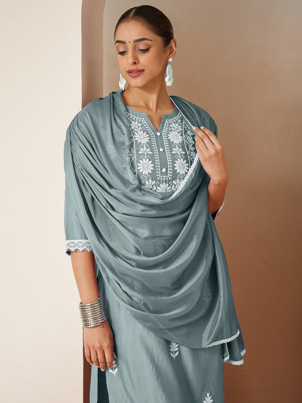 Janasya Women's Powder Blue Silk Blend Embroidered Straight Kurta Set