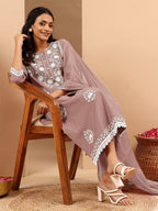 Janasya Women's Brown Silk Blend Embroidered Straight Kurta Set