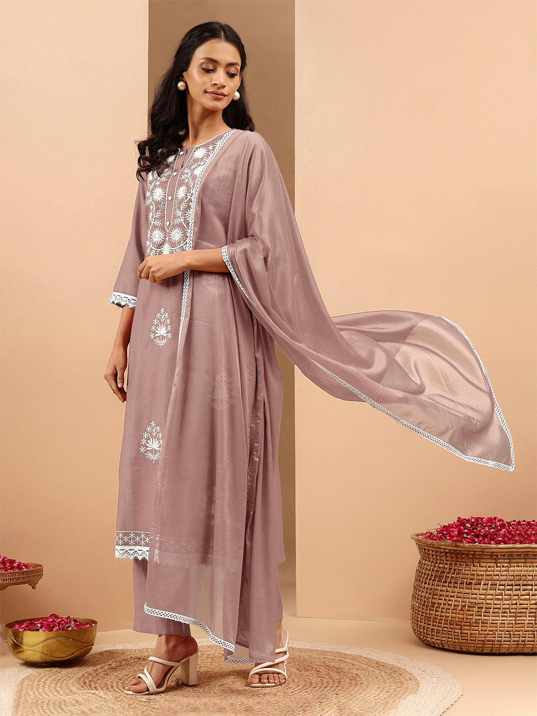 Janasya Women's Brown Silk Blend Embroidered Straight Kurta Set - qivii