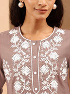 Janasya Women's Brown Silk Blend Embroidered Straight Kurta Set
