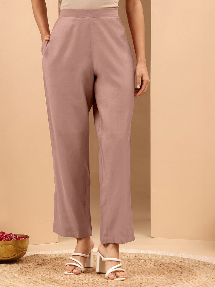 Janasya Women's Brown Silk Blend Embroidered Straight Kurta Set - qivii