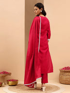 Janasya Women's Maroon Silk Blend Embroidered Straight Kurta Set