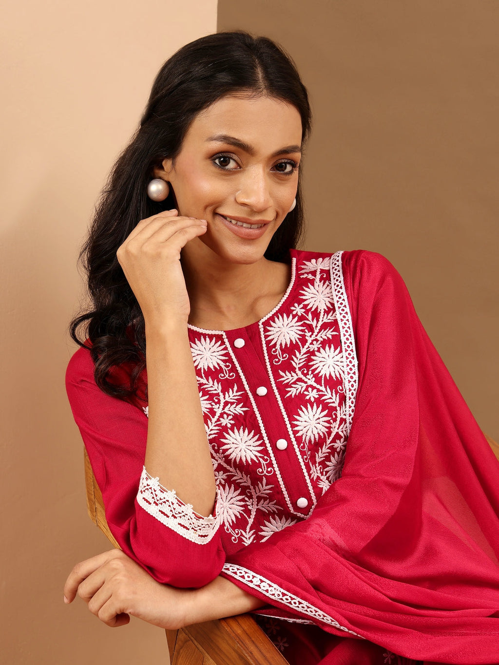 Janasya Women's Maroon Silk Blend Embroidered Straight Kurta Set