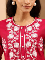 Janasya Women's Maroon Silk Blend Embroidered Straight Kurta Set
