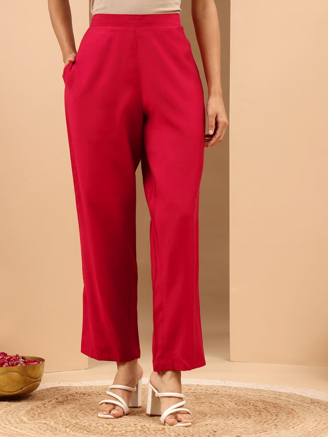 Janasya Women's Maroon Silk Blend Embroidered Straight Kurta Set