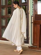 Janasya Women's Off White Chanderi Silk Gold Zari Yoke Embroidered Straight Kurta Set