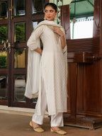 Janasya Women's Off White Chanderi Silk Gold Zari Yoke Embroidered Straight Kurta Set