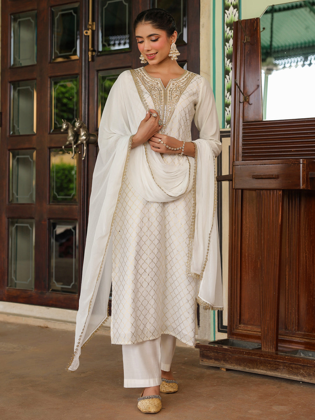 Janasya Women's Off White Chanderi Silk Gold Zari Yoke Embroidered Straight Kurta Set - qivii