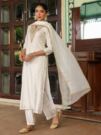 Janasya Women's Off White Chanderi Silk Gold Zari Yoke Embroidered Straight Kurta Set