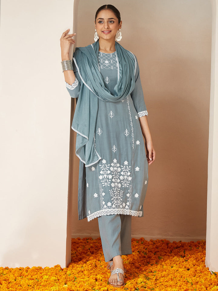 Janasya Women's Powder Blue Silk Blend Embroidered Straight Kurta Set - qivii